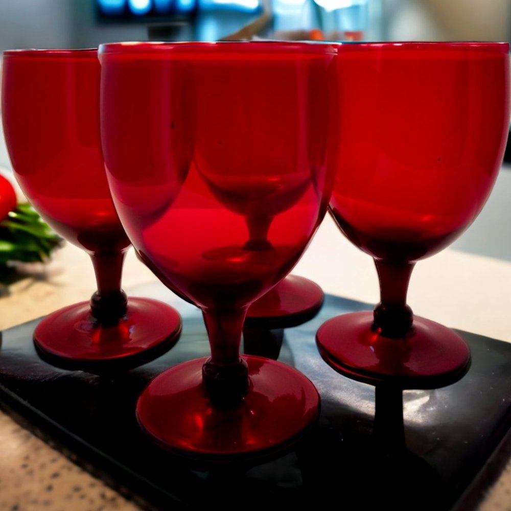 Ruby Red Wine Glass Set of 4 MCM Hand Blown Water/Wine Stemware Goblets
